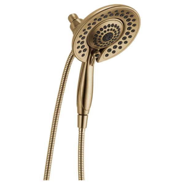 Champagne bronze two-in-one shower head with hand spray and flexible hose, perforated spray face.