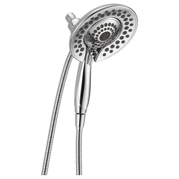 Chrome dual showerhead with perforated spray pattern and handheld wand connected by flexible hose.