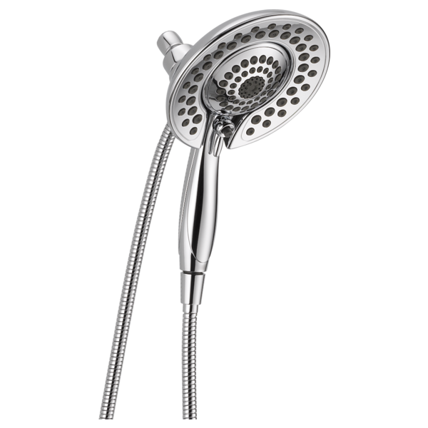 Chrome two-in-one showerhead with handheld spray, perforated rainfall head, and flexible hose.