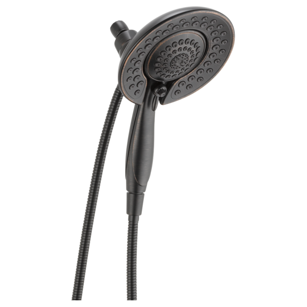 Two-in-one dark gray shower head with large circular face and detachable handheld wand connected by flexible hose.