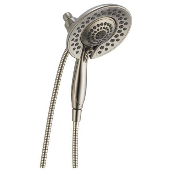Brushed nickel two-in-one shower head with handheld wand attachment and flexible hose.