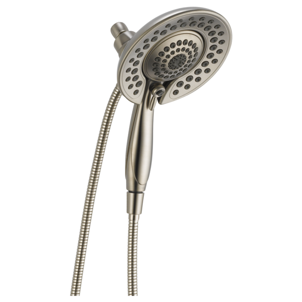 Brushed nickel two-in-one shower head with dual spray jets and flexible hose attachment.