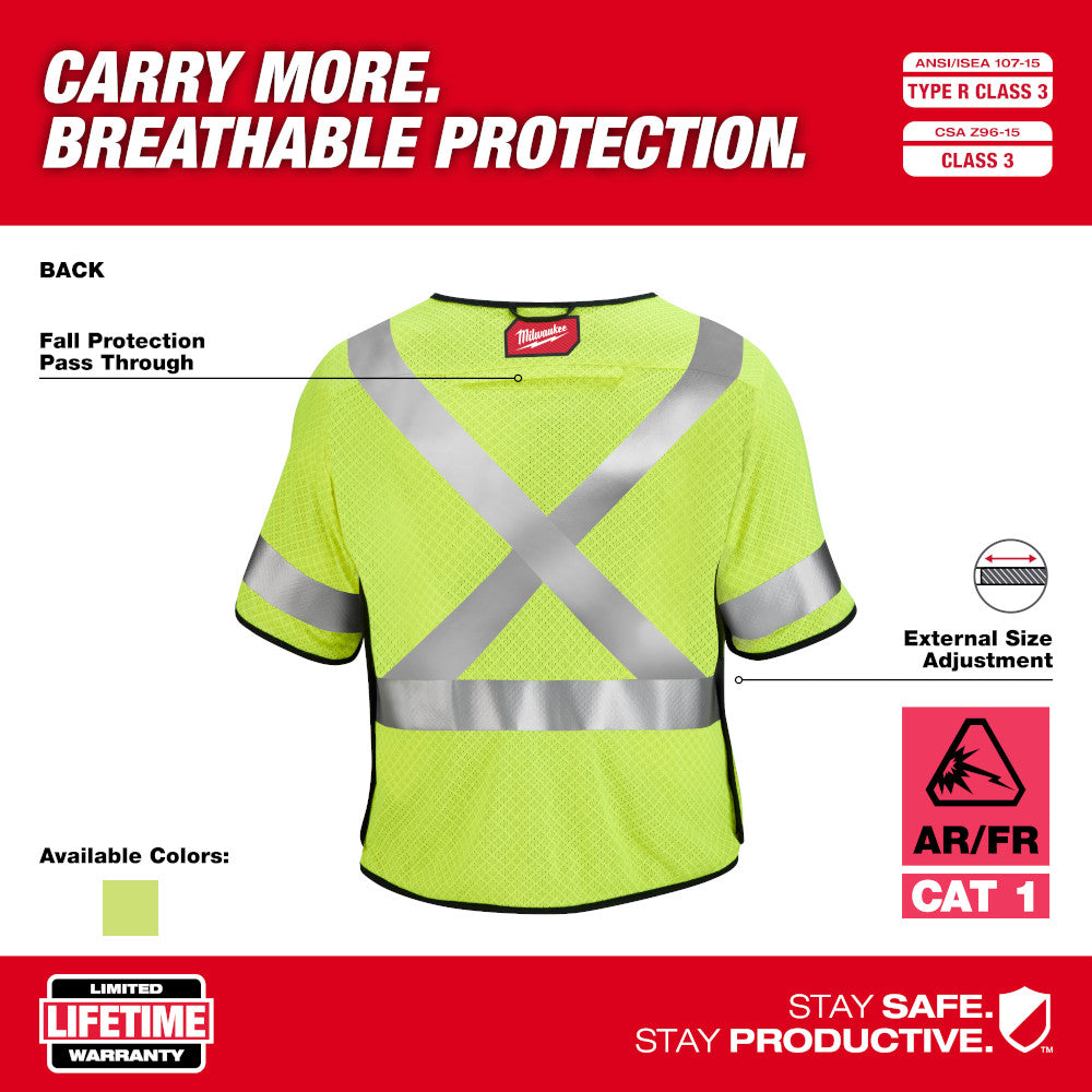 Bright yellow mesh safety vest with reflective silver X-back and horizontal stripes, short sleeves with black trim, and Milwa