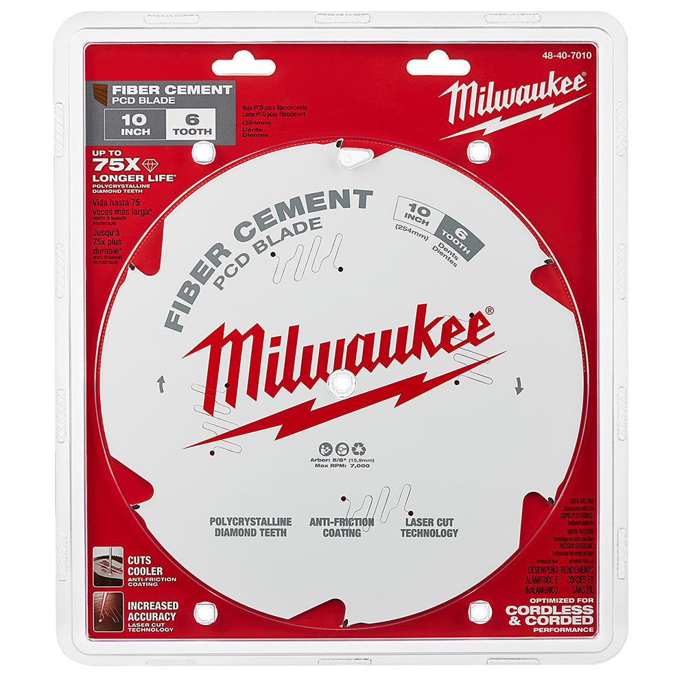 Milwaukee 10-inch fiber cement circular saw blade with 6 teeth, shown on red and white packaging.