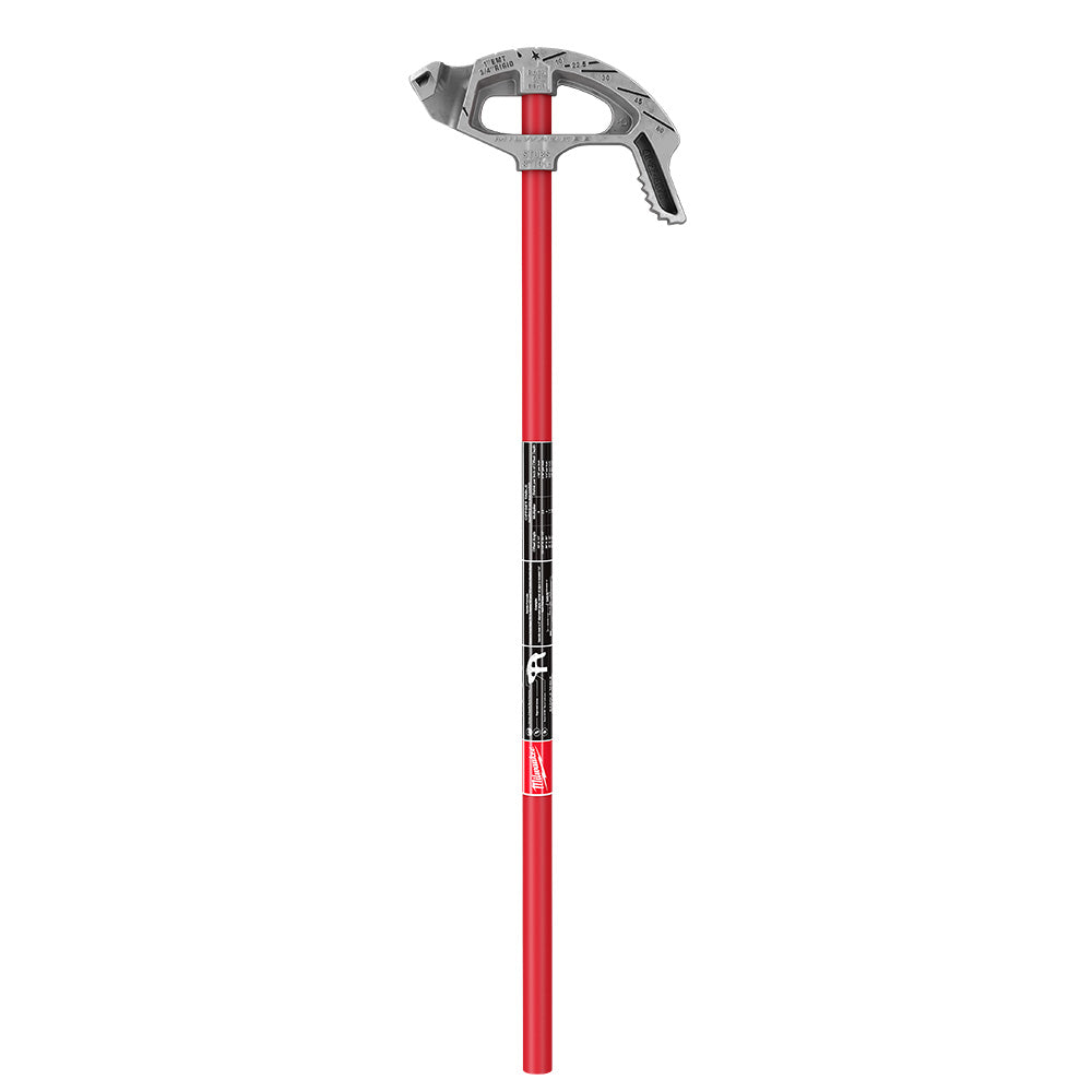 Milwaukee 1" EMT aluminum conduit bender with red shaft and aluminum head featuring bend guide markings.