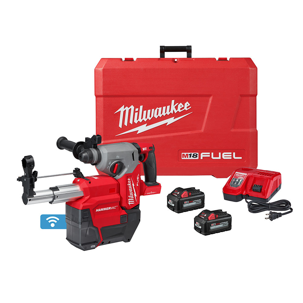 Milwaukee M18 FUEL rotary hammer with dust extractor, two batteries, charger, and red carrying case.