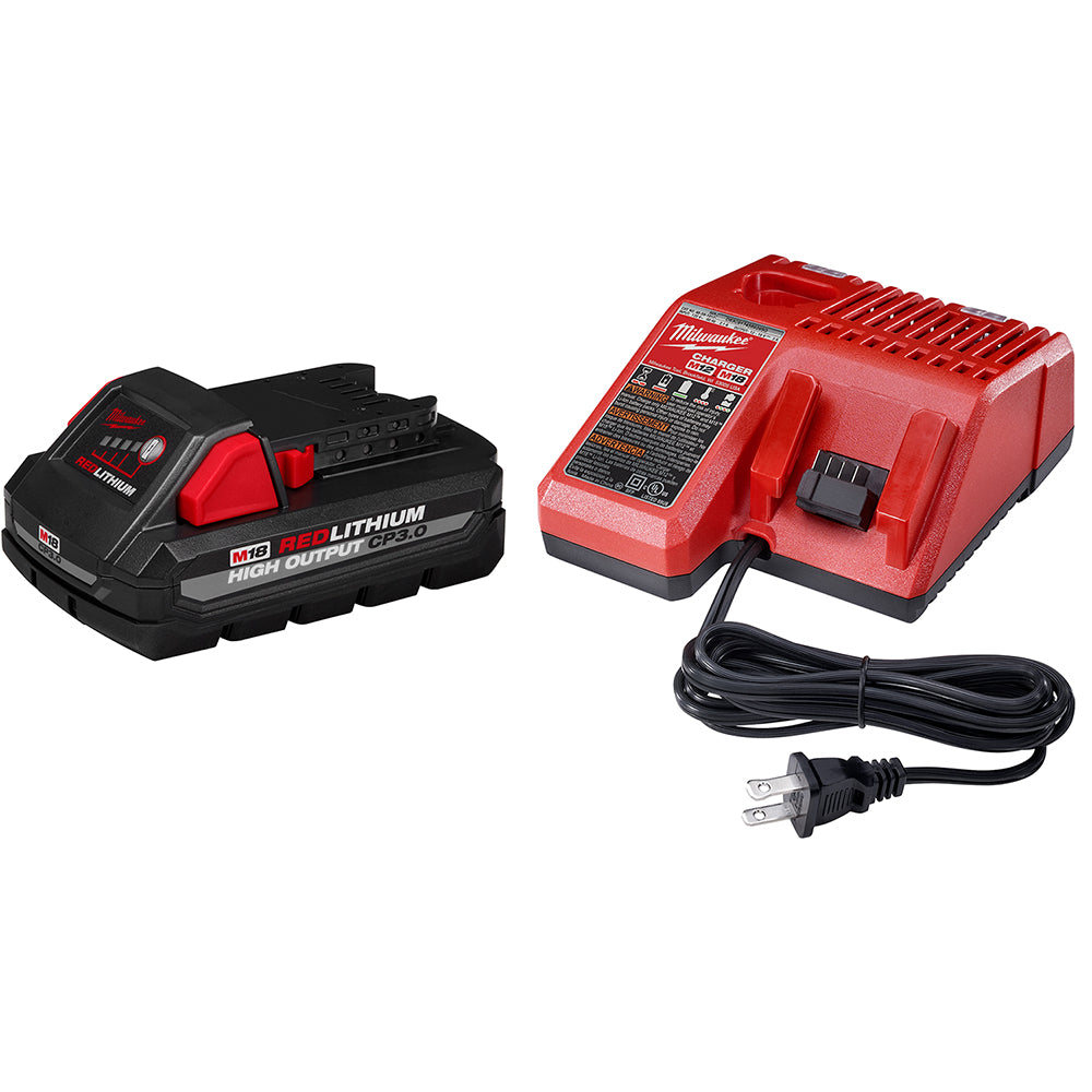 M18 REDLITHIUM HIGH OUTPUT CP3.0 battery pack and red charger with black power cord.