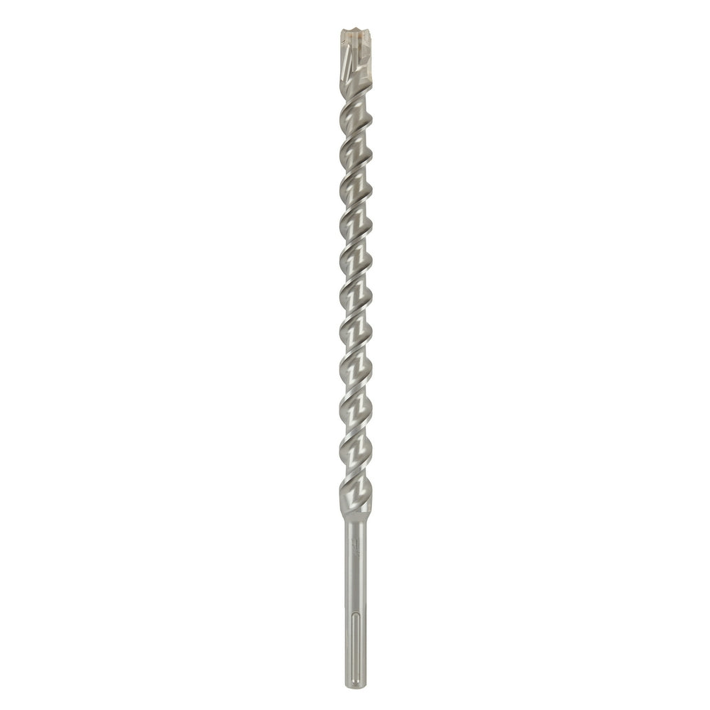 Long metal SDS Max drill bit with twisted flutes and chisel tip, 1-1/4 inches diameter.