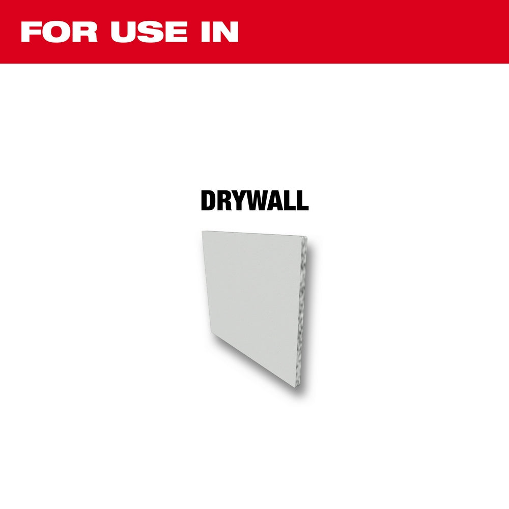 Packaging label for Milwaukee Drywall Access SAWZALL Blade with red header and white drywall sheet illustration.