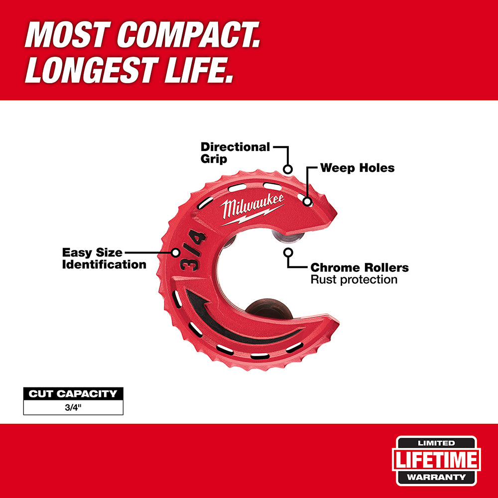 Red Milwaukee 3/4" tubing cutter with labeled features including directional grip, weep holes, and chrome rollers.