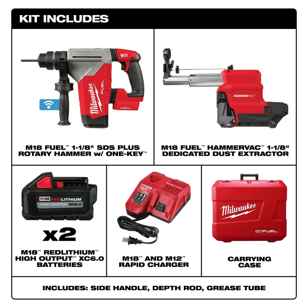 Milwaukee M18 FUEL rotary hammer with dust extractor, two batteries, charger, and carrying case included.