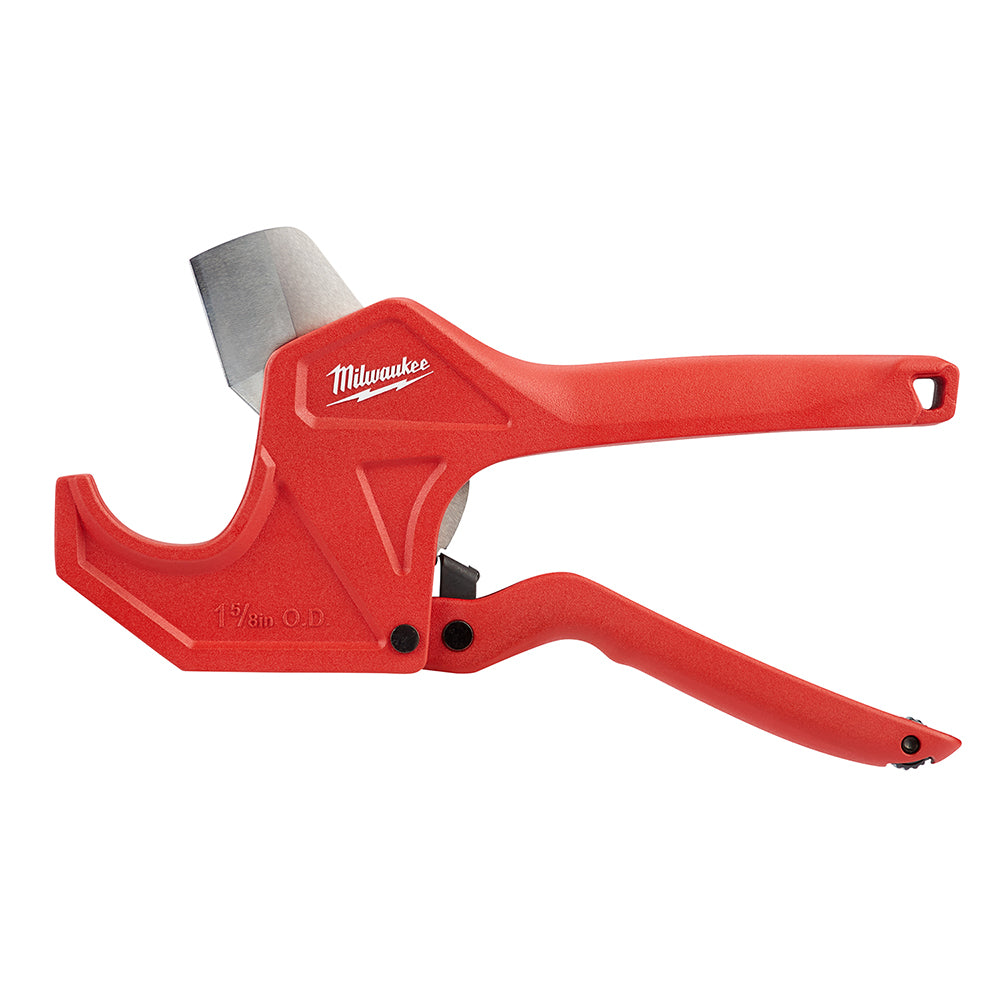 Red and gray Milwaukee ratcheting pipe cutter with curved cutting blade and trigger handle marked 1-5/8 in. O.D.