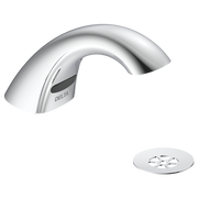 Chrome sensor faucet with curved spout and Delta branding, shown with mounting base.