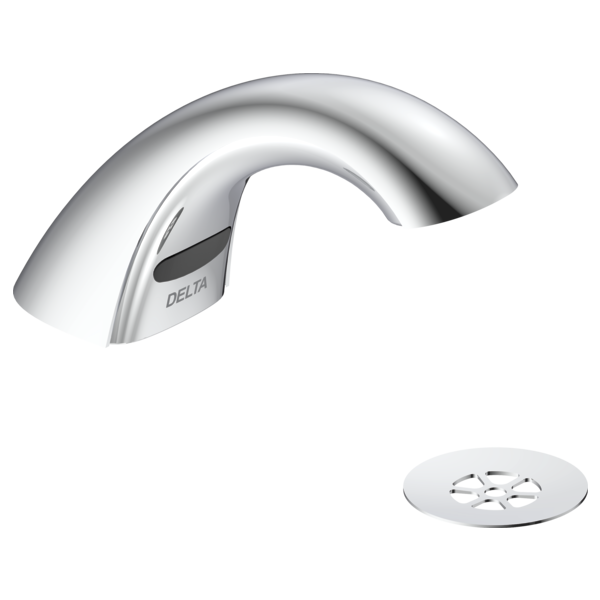Chrome sensor faucet with curved spout and Delta branding, shown with mounting base.
