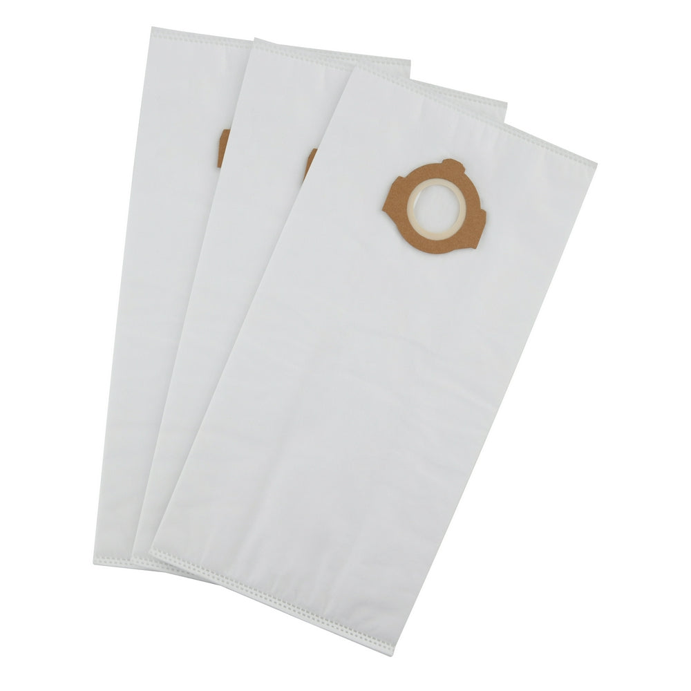 Three white fleece dust bags with tan circular attachment collars arranged in a fan pattern.