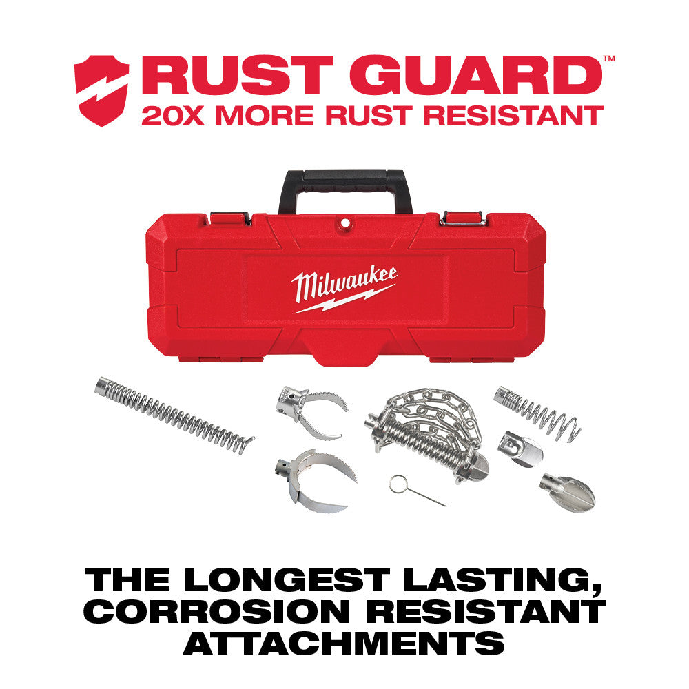 Red Milwaukee carrying case with black handle containing sectional cable head attachments including springs, chains, and meta
