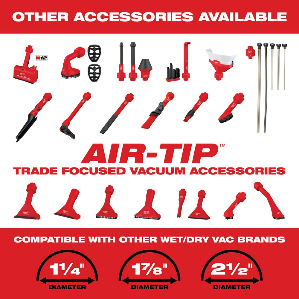 Milwaukee M18 vacuum accessories including brushes, nozzles, extensions, and hose attachments in red and black.
