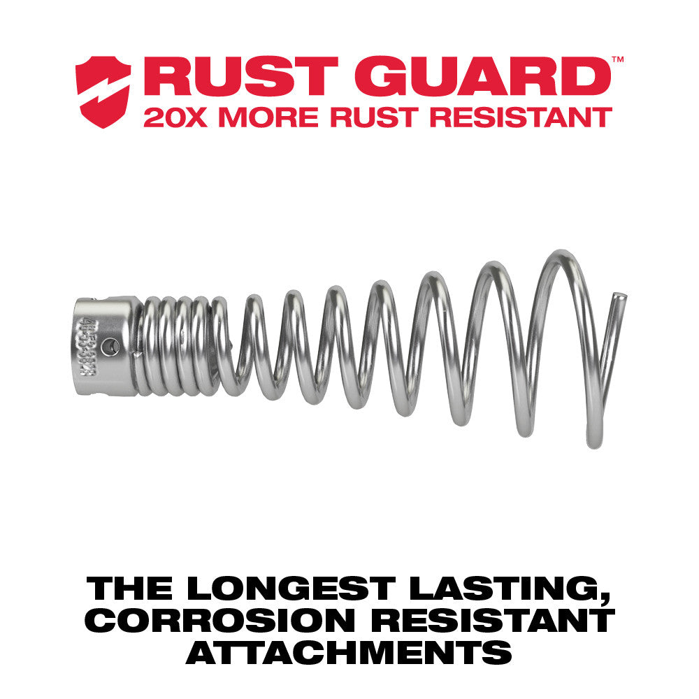 Coiled metal auger cable with threaded connector end, 7/8" sectional drain cleaning tool.