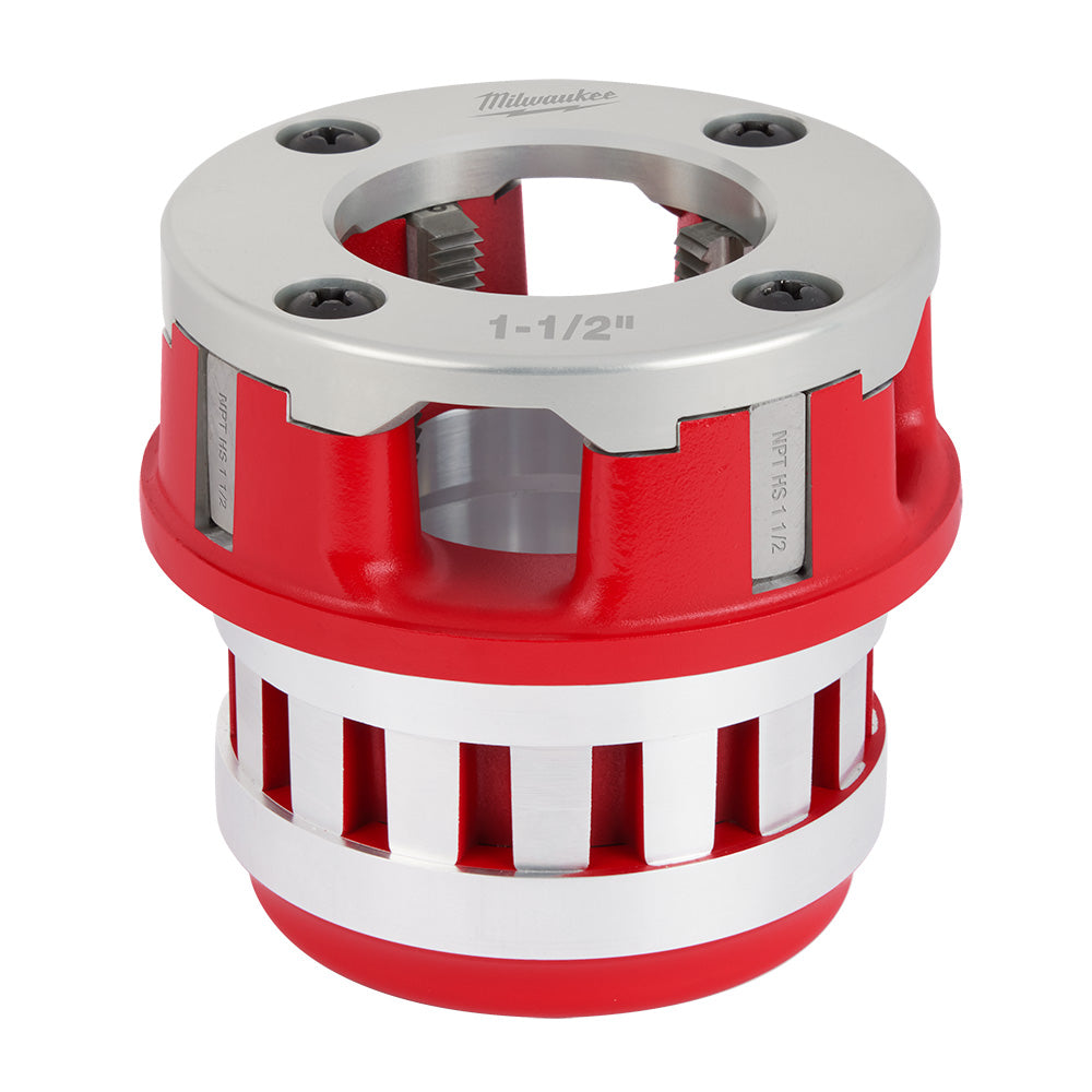 Red and aluminum die head with 1-1/2" NPT marking, featuring four mounting holes and internal cutting dies.