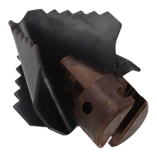 Black metal 4-blade cutter head with jagged cutting edges and brown attachment hub for drain cleaning machine.