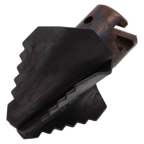 Metal drain cleaning cutter head with four blades and mounting hook attachment.