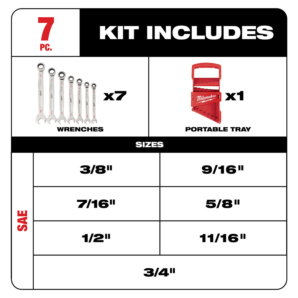 Seven SAE ratcheting combination wrenches in sizes 3/8" to 3/4" with red portable carrying tray.