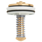 Brass and steel upstream check valve with spring mechanism and white elastomer seal rings.