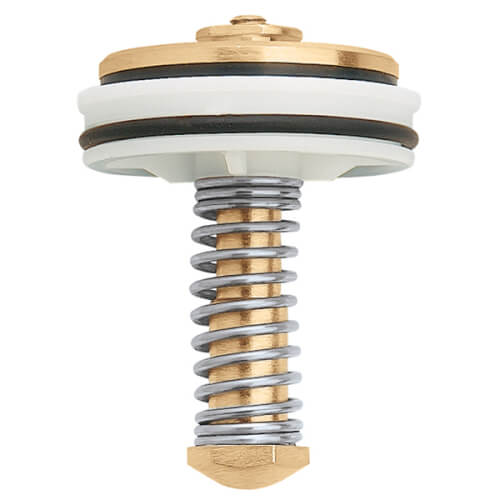 Brass and steel upstream check valve with spring mechanism and white elastomer seal rings.