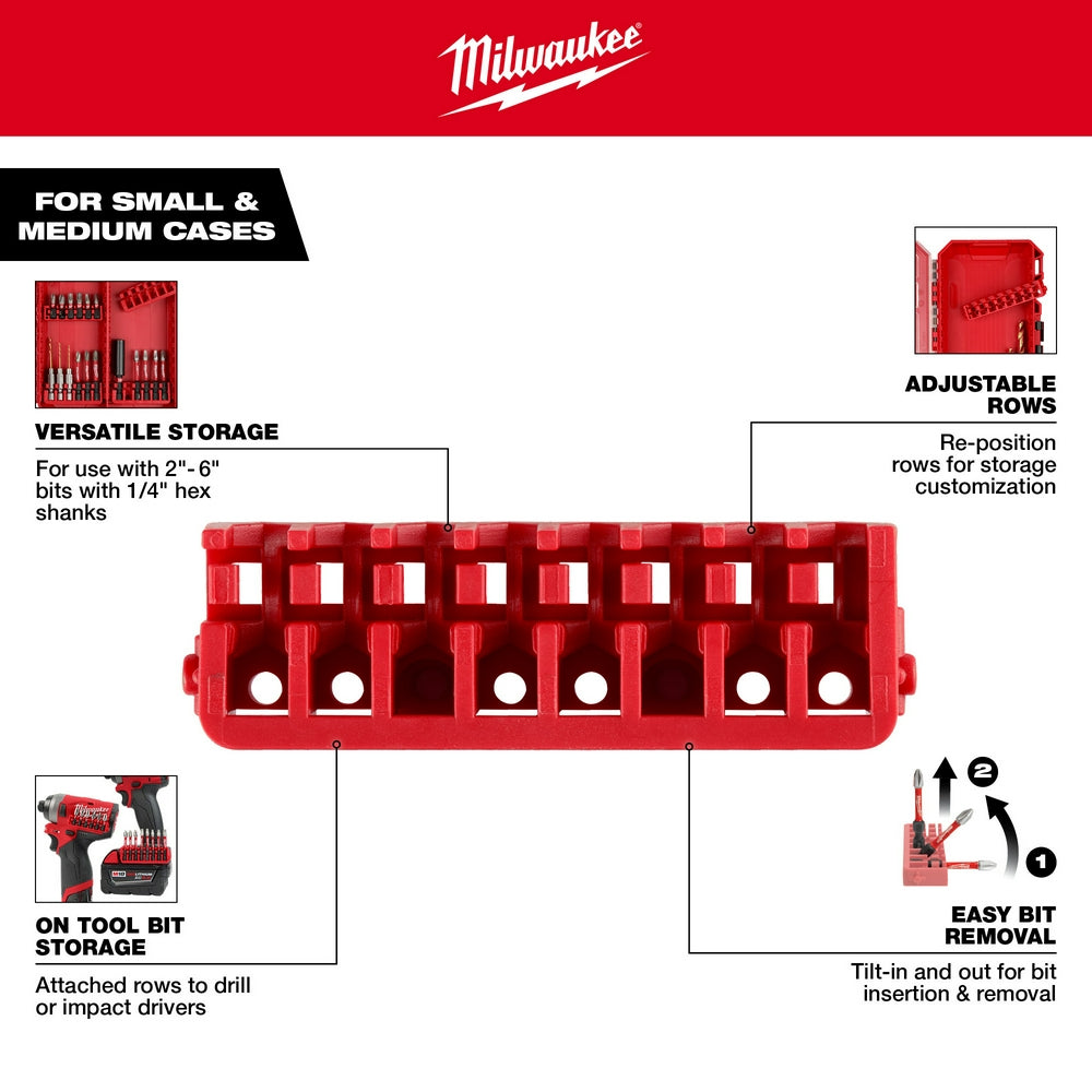 Five red Milwaukee storage case rows with adjustable compartments for impact driver bits and accessories.