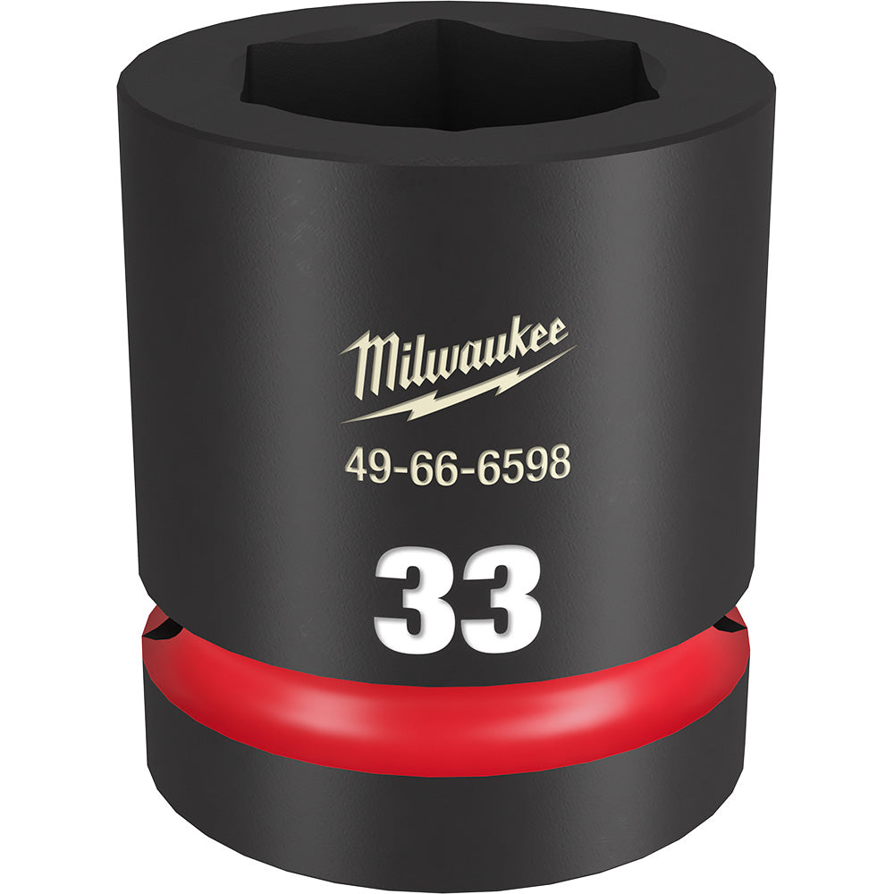 Black Milwaukee 33MM socket with hexagonal opening and red grip band around base.