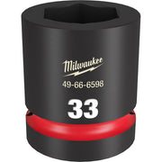 Black Milwaukee 33MM socket with hexagonal opening and red grip band around base.