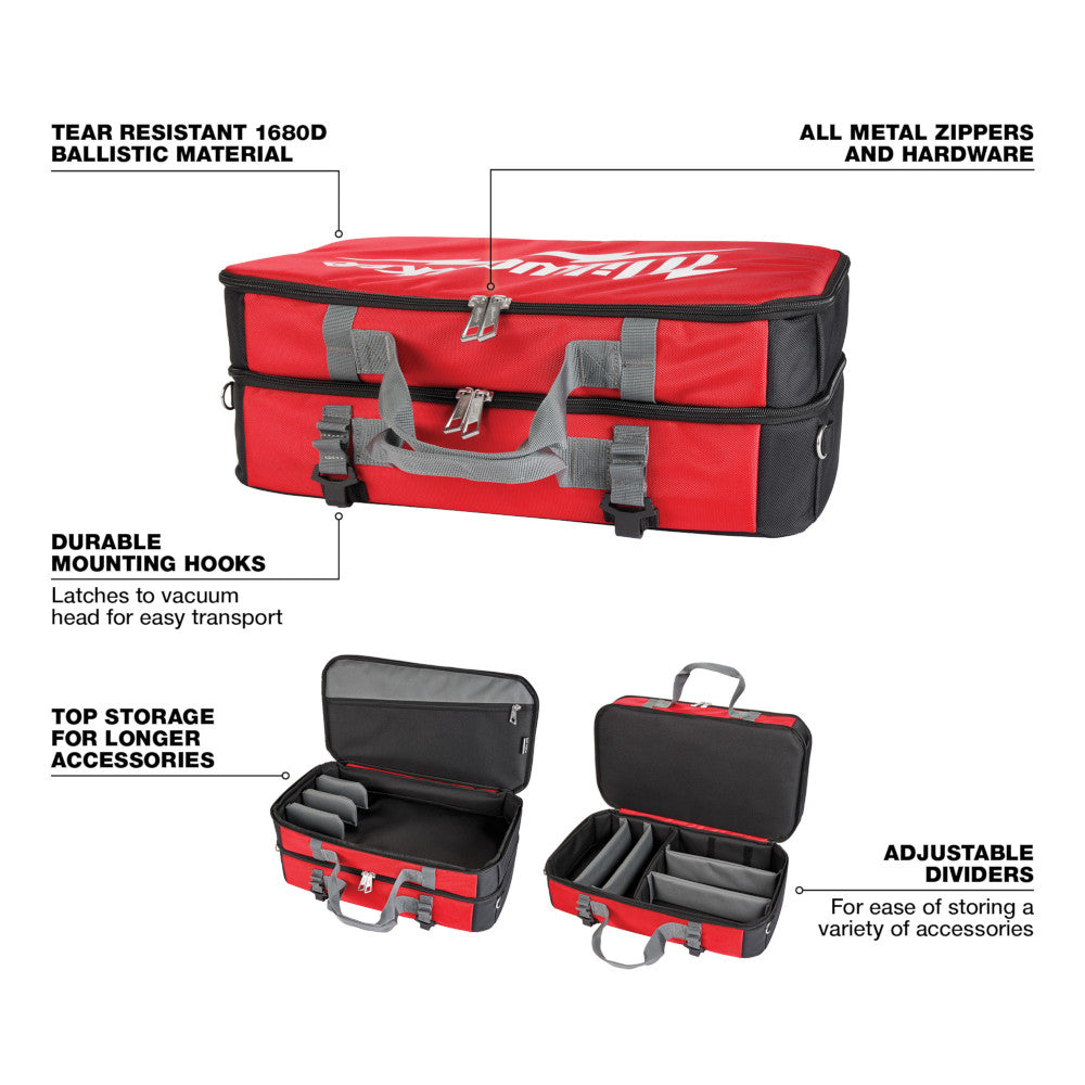 Red and black Milwaukee vacuum tool storage bag with metal zippers, gray handles, mounting hooks, and adjustable interior div