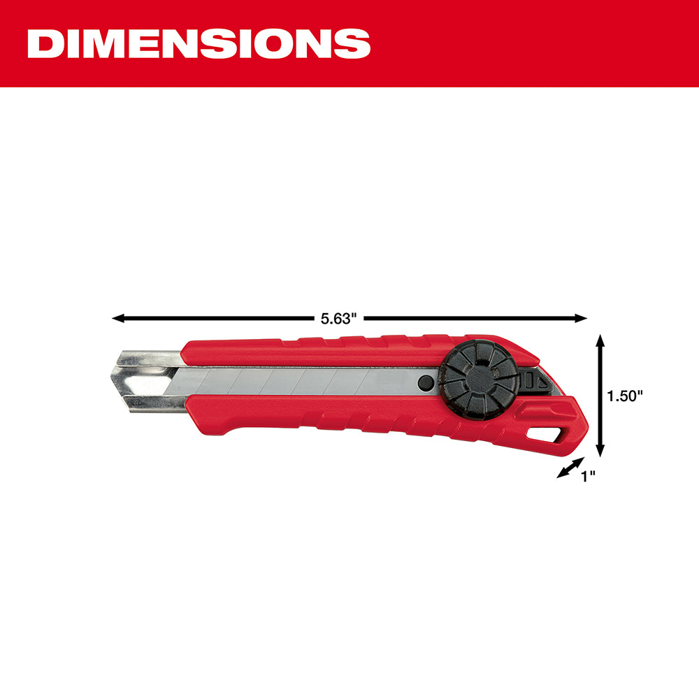 Red snap-off utility knife with black accents, shown with dimensions of 5.63" length, 1.50" height, and 1" depth.
