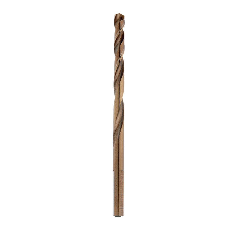 Cobalt twist drill bit with pointed tip and spiral flutes, 13/64" diameter.