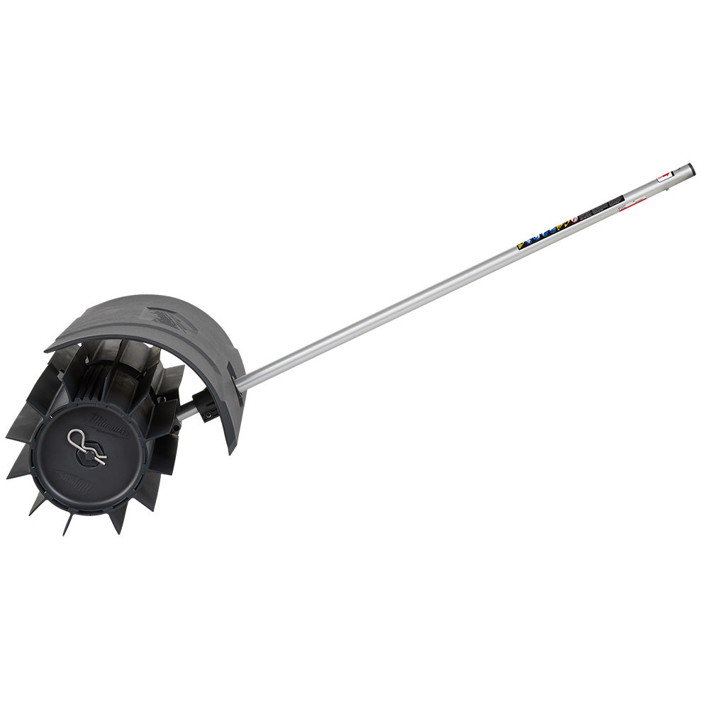 Black rubber broom head with bristles attached to silver metal shaft with connector housing.