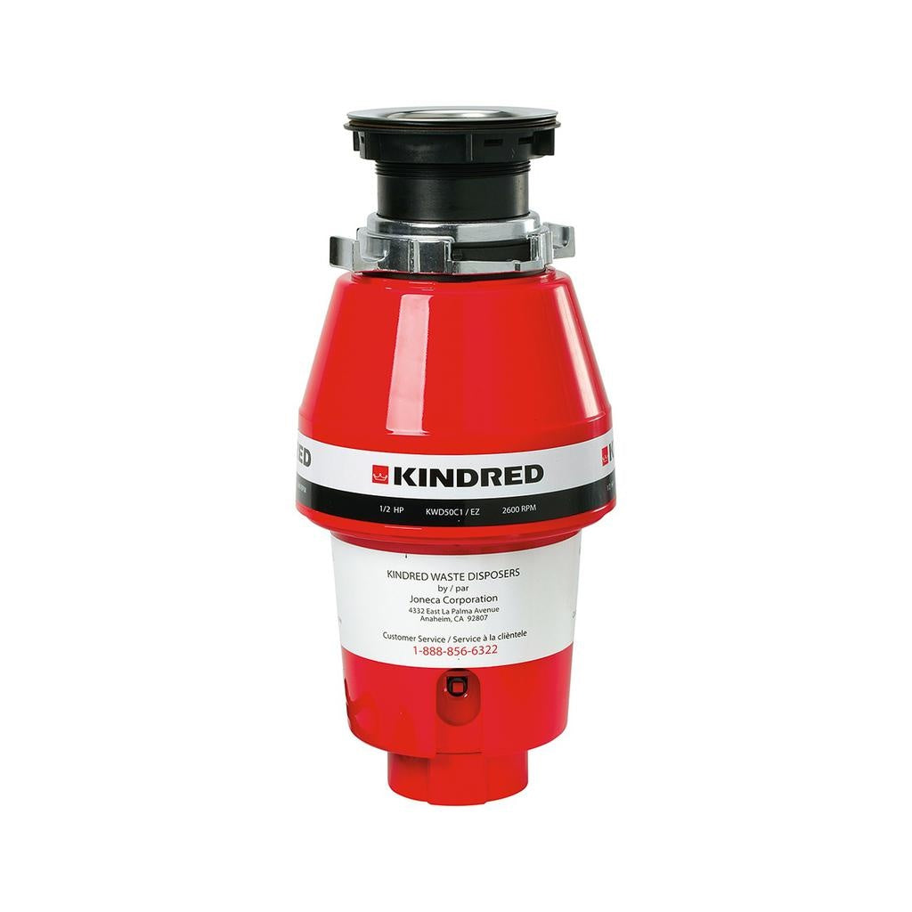 Red and black Kindred waste disposer with metal collar and mounting ring, front view.