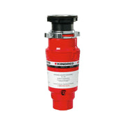 Red Kindred waste disposer with black top collar, metal mounting ring, and white label band.