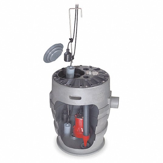 Cylindrical sewage ejector pump system with gray basin, red interior pump, float switch, and removable lid shown separately.