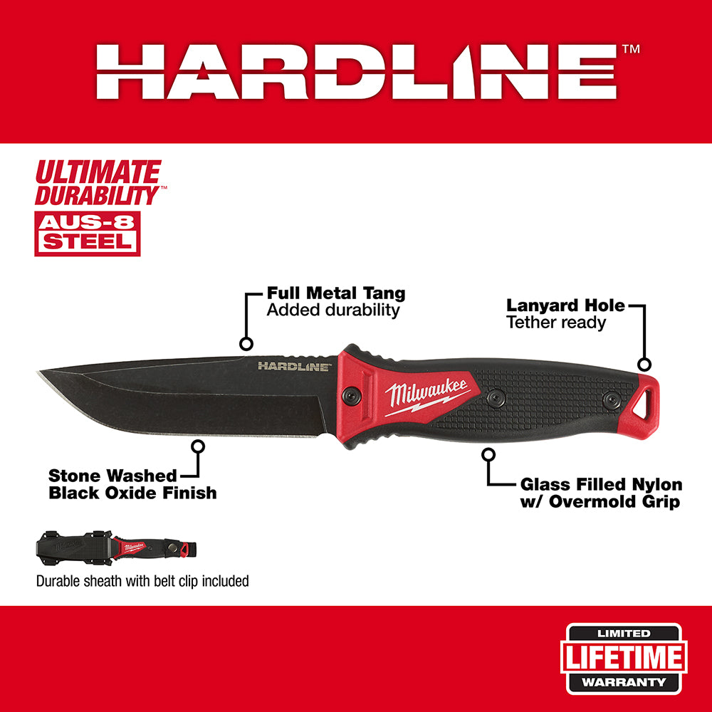 Milwaukee HARDLINE fixed blade knife with black oxide finish, red and black handle, full metal tang, and included sheath with