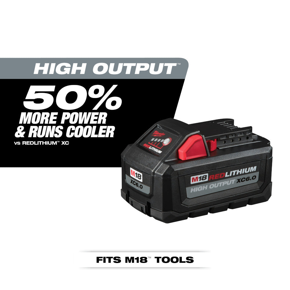 Milwaukee M18 REDLITHIUM HIGH OUTPUT XC6.0 battery pack with black casing and red accent, compatible with M18 tools.