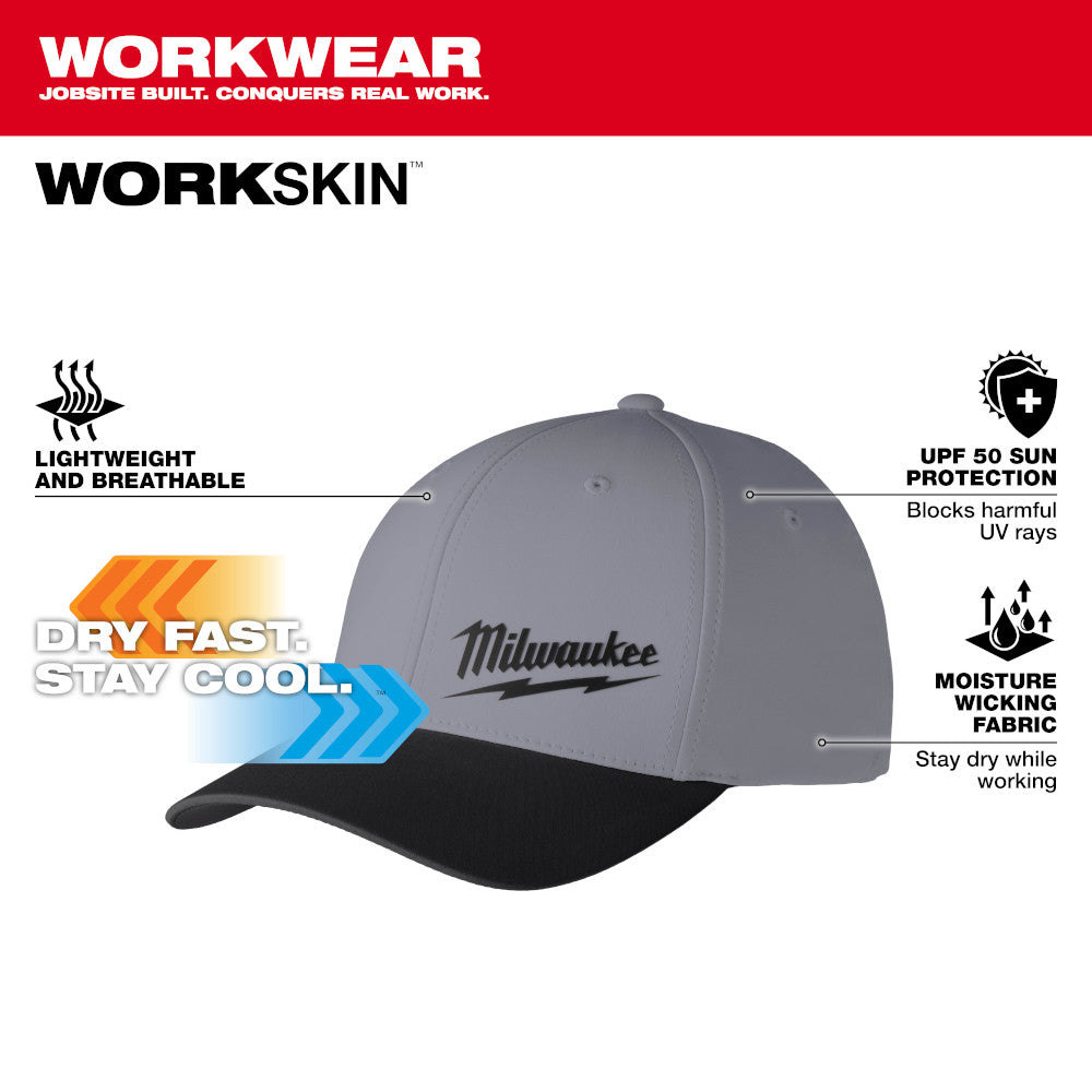 Gray and black Milwaukee WORKSKIN fitted baseball cap with moisture-wicking fabric and UPF 50 sun protection.