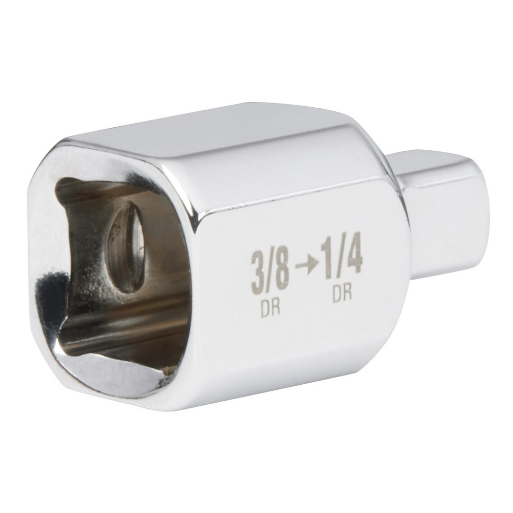 Chrome socket adapter with 3/8" female drive on left and 1/4" male drive on right, marked with size conversion text.