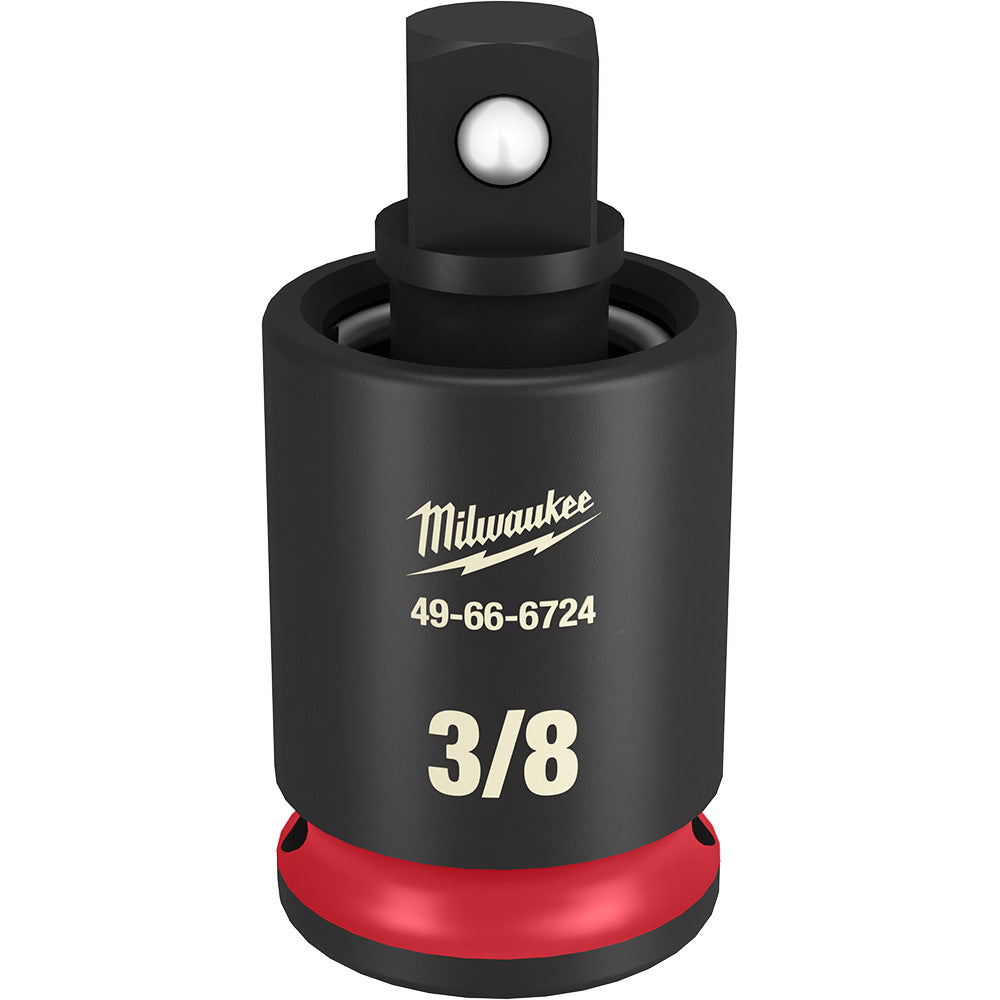 Black and red 3/8" drive universal joint with white ball joint and Milwaukee branding on cylindrical body.