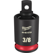 Black and red 3/8" drive universal joint with white ball joint and Milwaukee branding on cylindrical body.