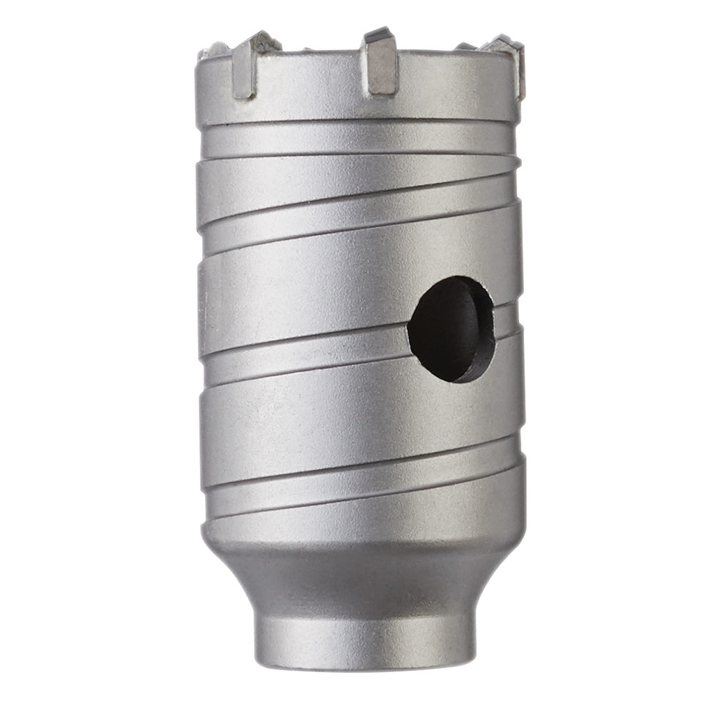 Silver cylindrical SDS+ core bit with carbide cutting teeth at top, spiral flutes, and one drainage hole on the side.