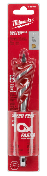 Milwaukee self-feeding wood bit with 1-inch diameter and twisted flutes on red packaging blister card.