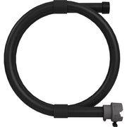 Black rubber hose with cylindrical connectors at each end, forming a curved loop shape.