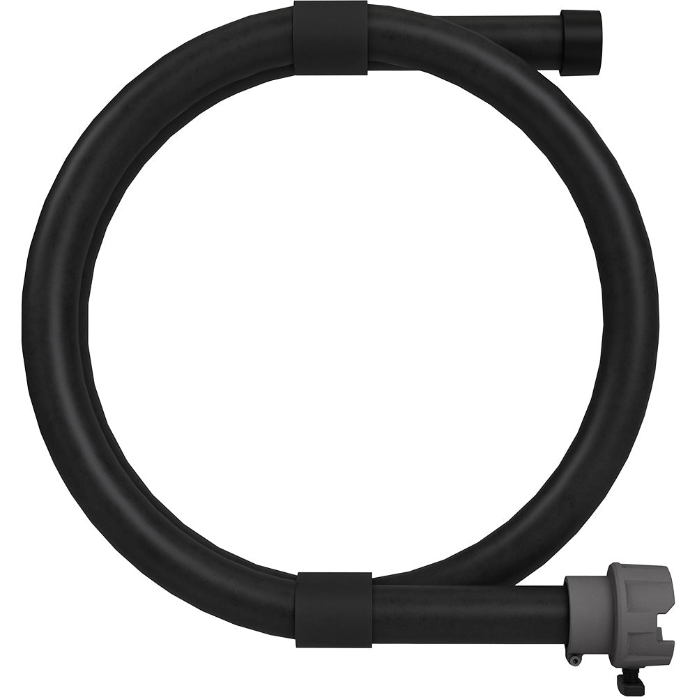 Black rubber hose with cylindrical connectors at each end, forming a curved loop shape.