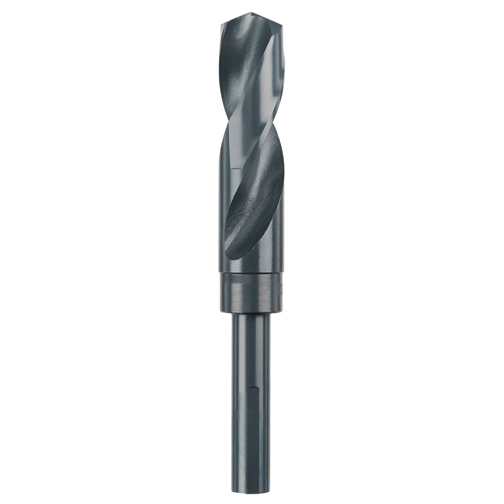 Black oxide twist drill bit with spiral flutes and cylindrical shank, 27/32 inch diameter.