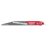 Milwaukee WRECKER reciprocating saw blade with gray steel body, red end section labeled "CARBIDE TEETH," and serrated cutting